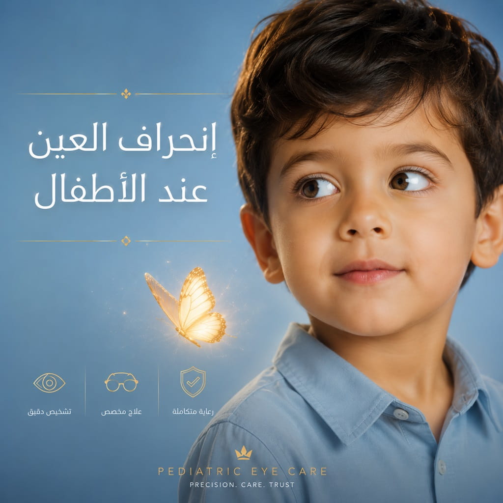 طفل يعاني من إنحراف العين مع توضيح أهمية التشخيص المبكر وعلاج أمراض العين عند الأطفال.