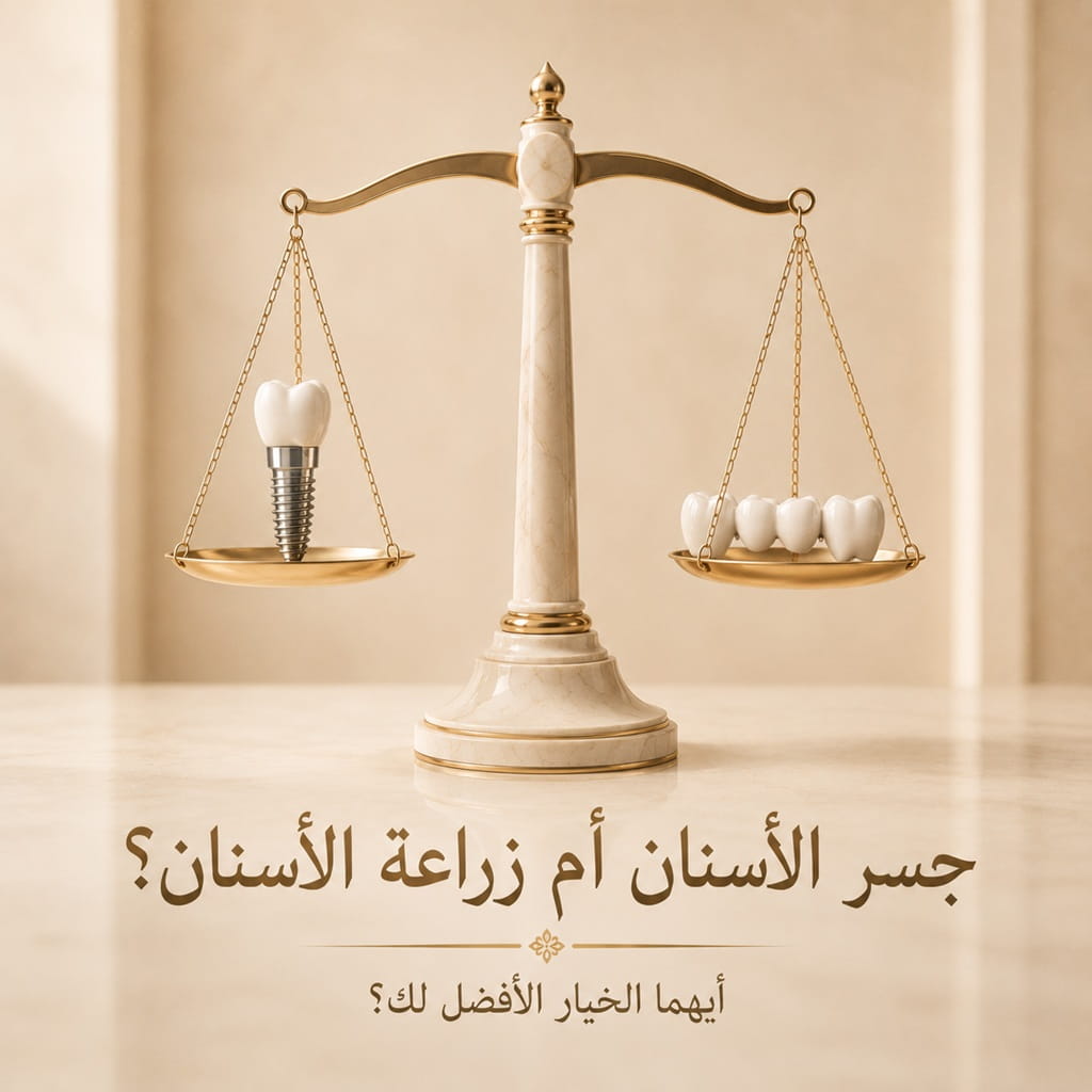 صورة مقارنة بين زراعة الأسنان وجسر الأسنان لتوضيح أفضل خيار لتعويض الأسنان المفقودة.