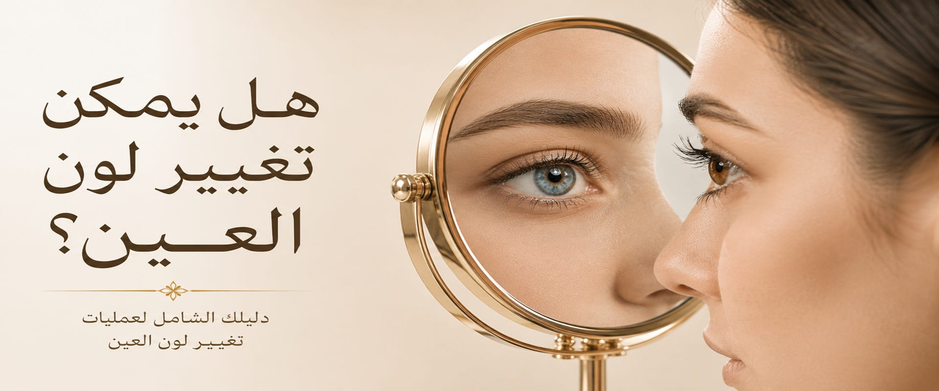 امرأة تنظر إلى انعكاس عينها في المرآة ضمن تصميم توعوي يشرح إمكانية تغيير لون العين باستخدام تقنية صبغ القرنية الحديثة.