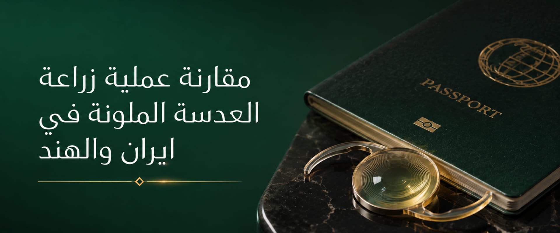 جواز سفر وعدسة ملونة مزروعة داخل العين في صورة ترمز إلى السياحة العلاجية ومقارنة عمليات تغيير لون العين بين إيران والهند.