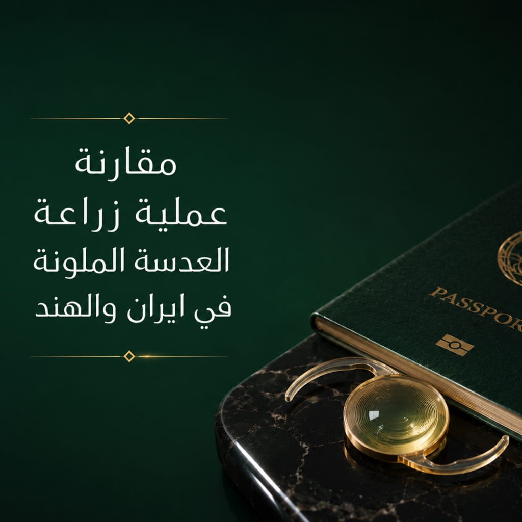 جواز سفر وعدسة ملونة مزروعة داخل العين في صورة ترمز إلى السياحة العلاجية ومقارنة عمليات تغيير لون العين بين إيران والهند.