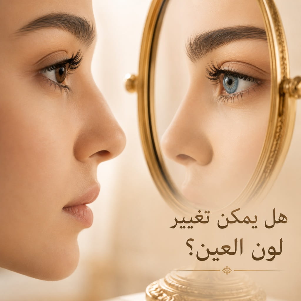 امرأة تنظر إلى انعكاس عينها في المرآة ضمن تصميم توعوي يشرح إمكانية تغيير لون العين باستخدام تقنية صبغ القرنية الحديثة.