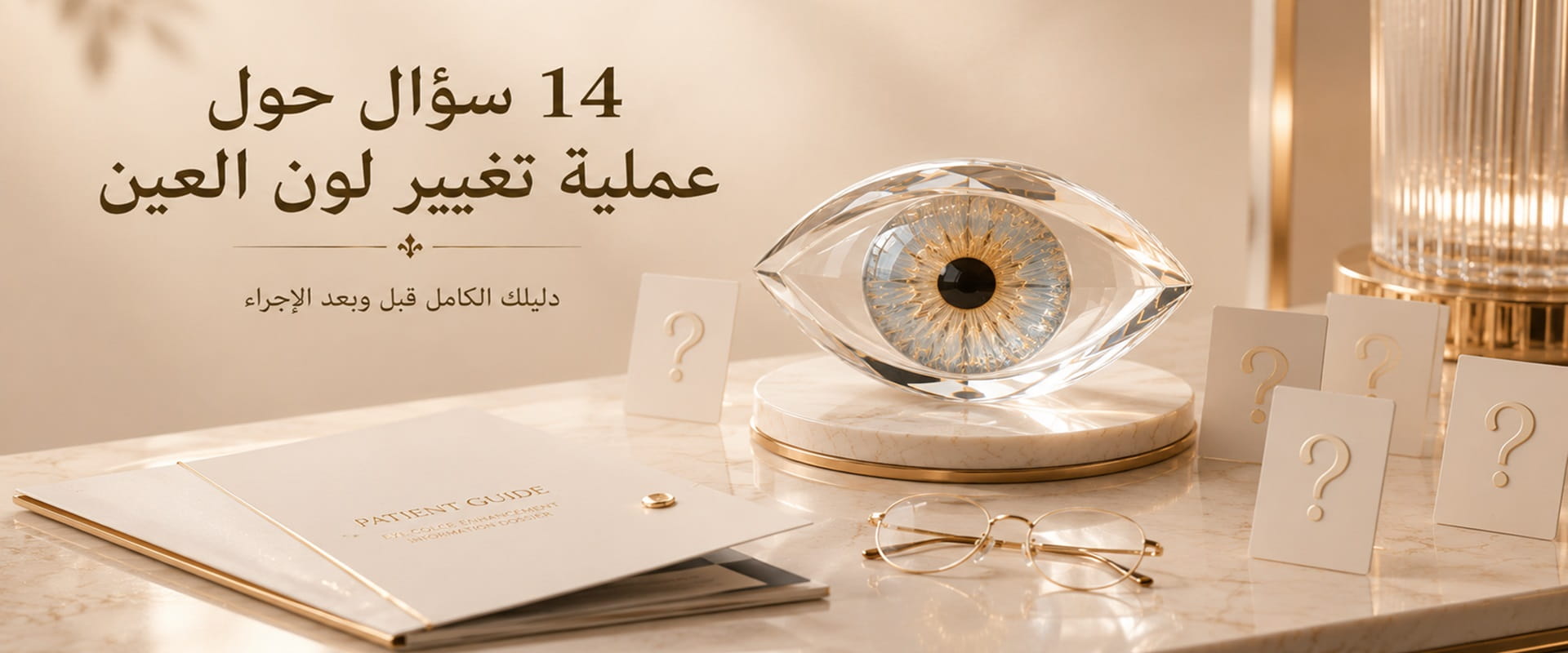تصميم توعوي بعنوان 14 سؤالاً وجواباً حول عملية تغيير لون العين يشرح أهم المعلومات المتعلقة بتقنية صبغ القرنية والنتائج المتوقعة قبل وبعد الإجراء.
