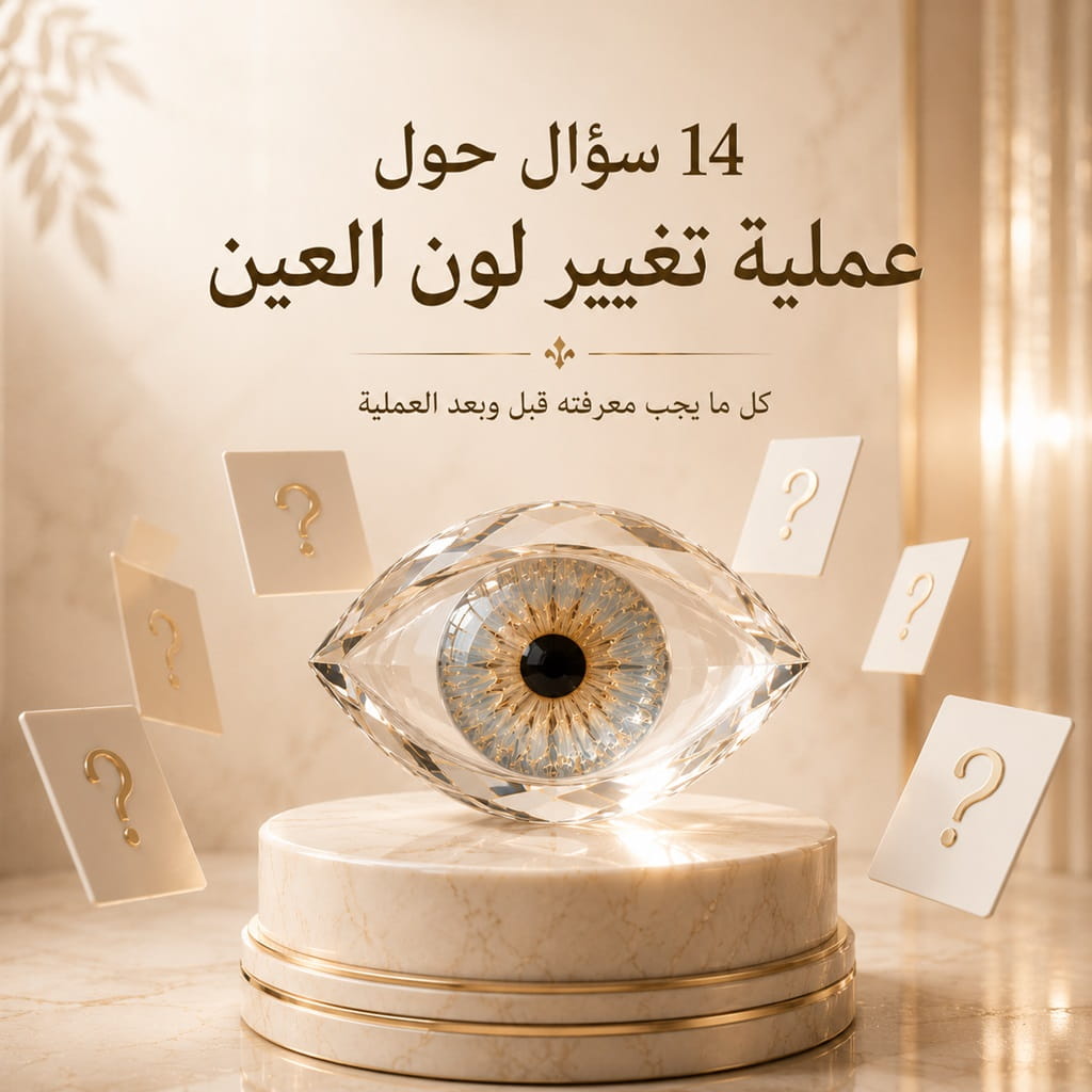 تصميم توعوي بعنوان 14 سؤالاً وجواباً حول عملية تغيير لون العين يشرح أهم المعلومات المتعلقة بتقنية صبغ القرنية والنتائج المتوقعة قبل وبعد الإجراء.