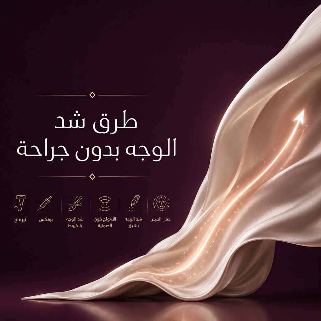 تصميم طبي يشرح طرق شد الوجه بدون جراحة لتحسين مظهر البشرة وتقليل التجاعيد باستخدام تقنيات تجميل غير جراحية.
