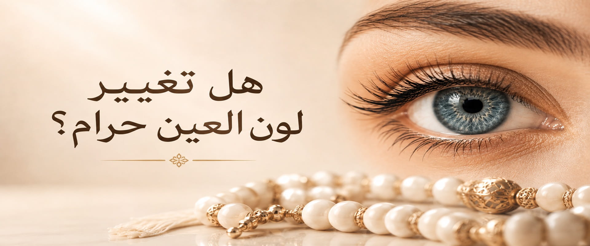 صورة مقربة لعين فاتحة اللون مع عبارة "هل تغيير لون العين حرام؟" ضمن محتوى توعوي يشرح الحكم الشرعي والطبي لتغيير لون العين.