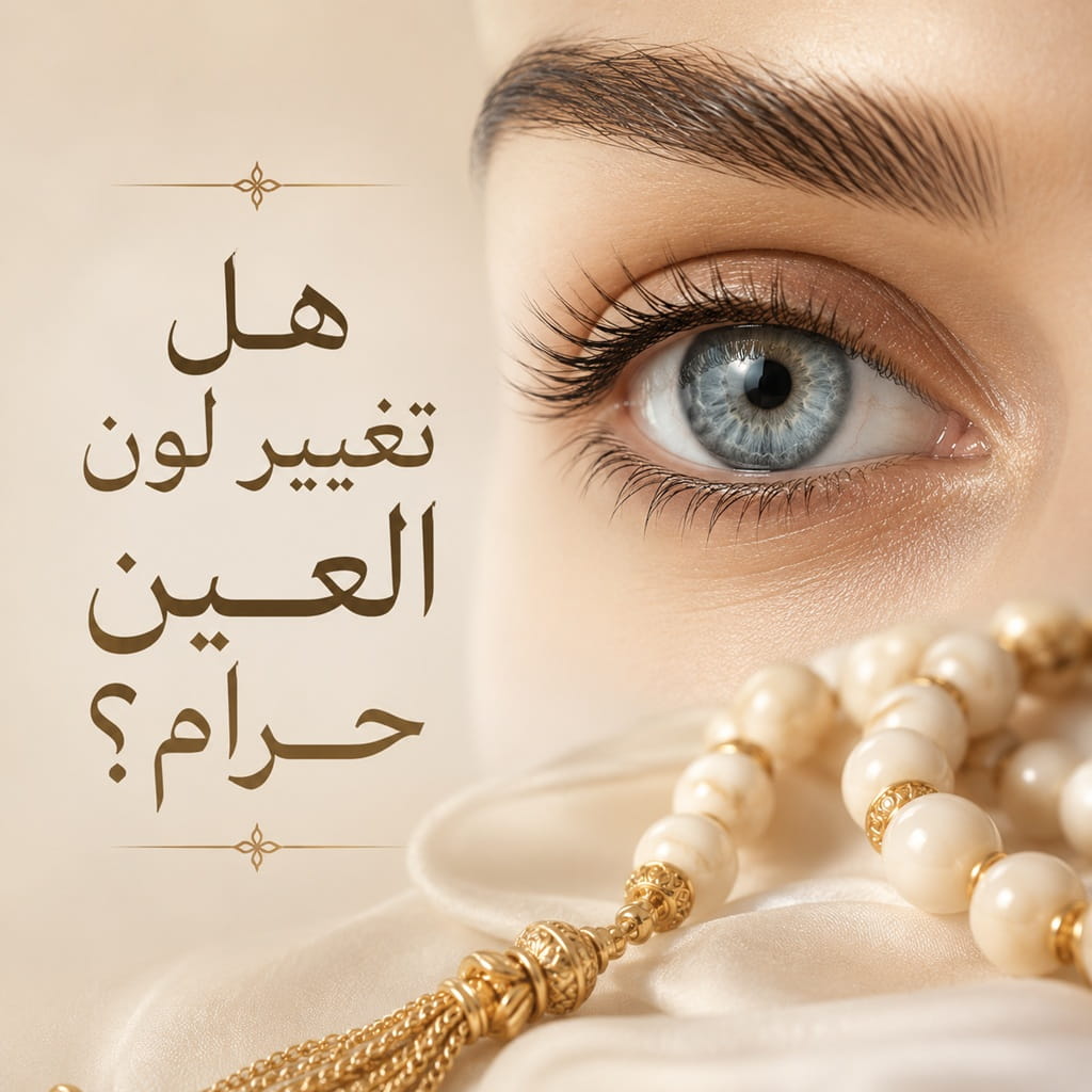 صورة مقربة لعين فاتحة اللون مع عبارة "هل تغيير لون العين حرام؟" ضمن محتوى توعوي يشرح الحكم الشرعي والطبي لتغيير لون العين.