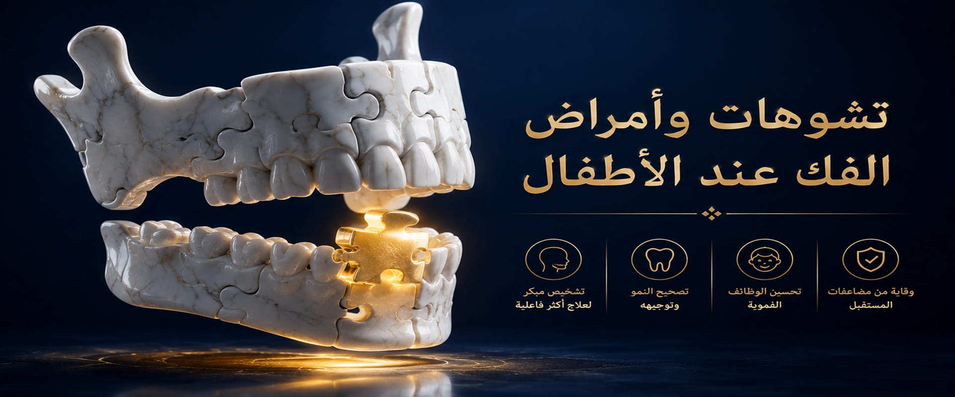 صورة توعوية حول تشوهات وأمراض الفك عند الأطفال وأهمية العلاج المبكر لتحسين نمو الفك والأسنان والوظائف الفموية.