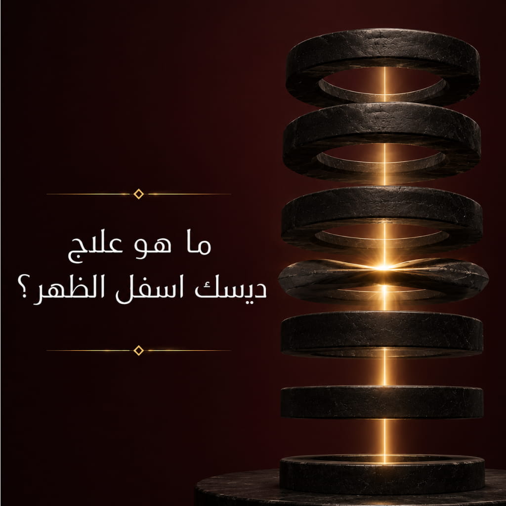 تصميم طبي تجريدي يرمز إلى انضغاط أحد الأقراص بين فقرات العمود الفقري مع شعاع ضوئي يمثل تخفيف الضغط وعلاج ديسك أسفل الظهر.