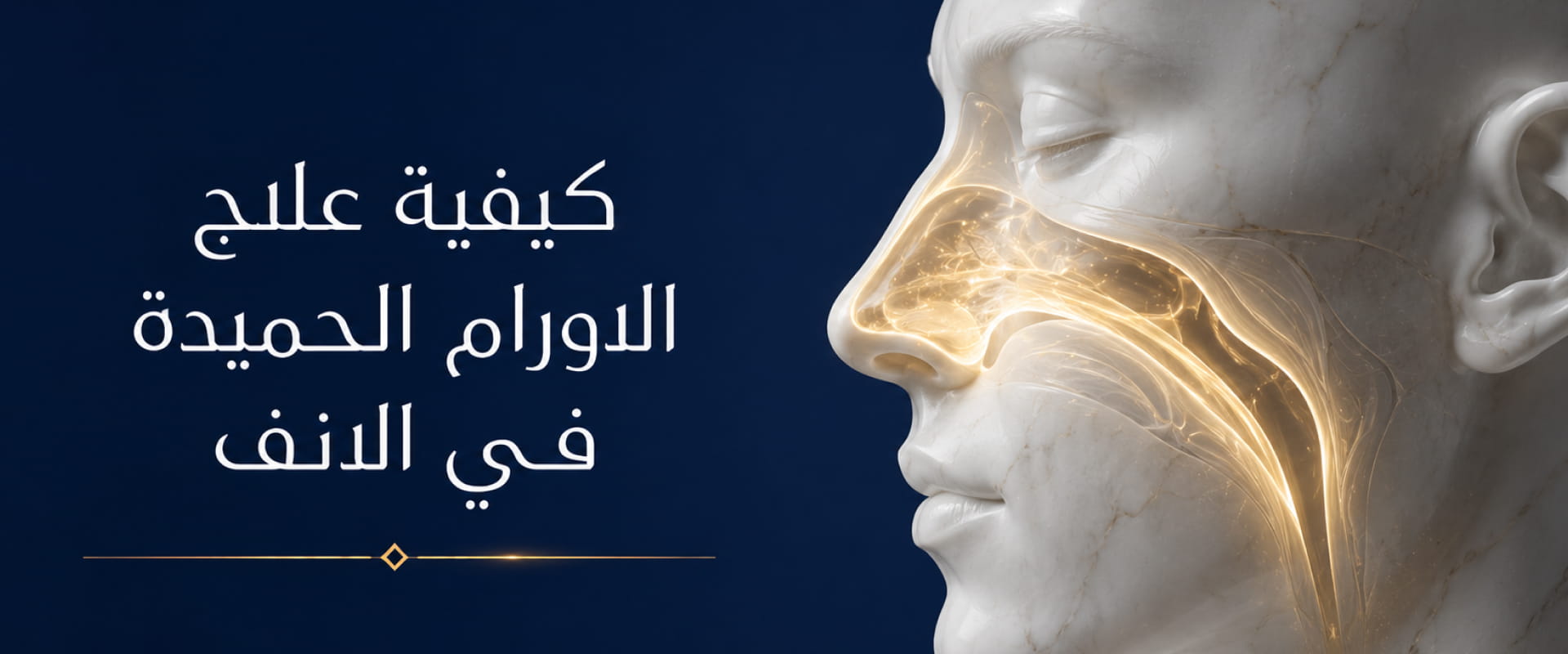 رسم تشريحي جانبي يوضح التجويف الأنفي والجيوب الأنفية مع إبراز المنطقة المتأثرة بالزوائد اللحمية داخل الأنف.