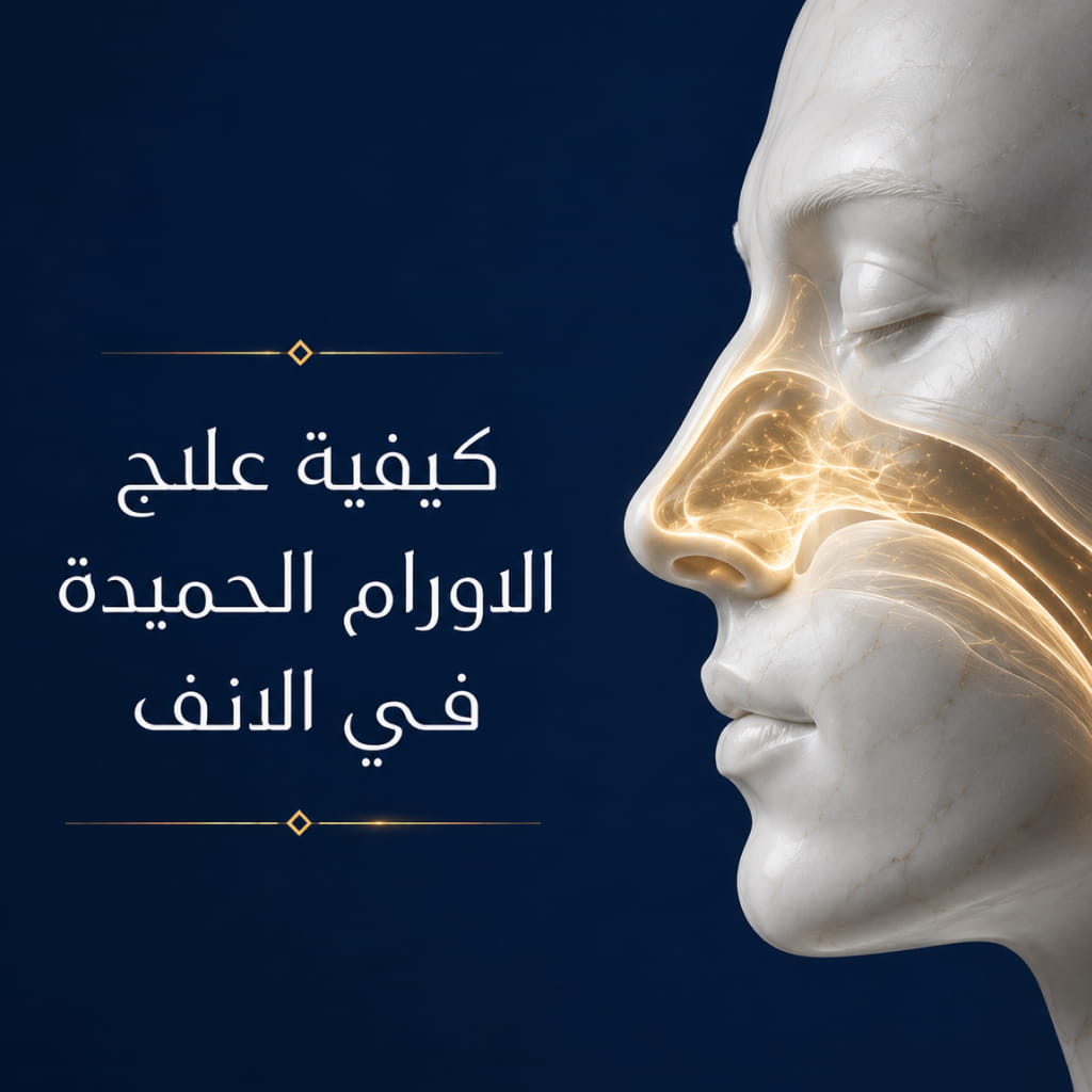 رسم تشريحي جانبي يوضح التجويف الأنفي والجيوب الأنفية مع إبراز المنطقة المتأثرة بالزوائد اللحمية داخل الأنف.