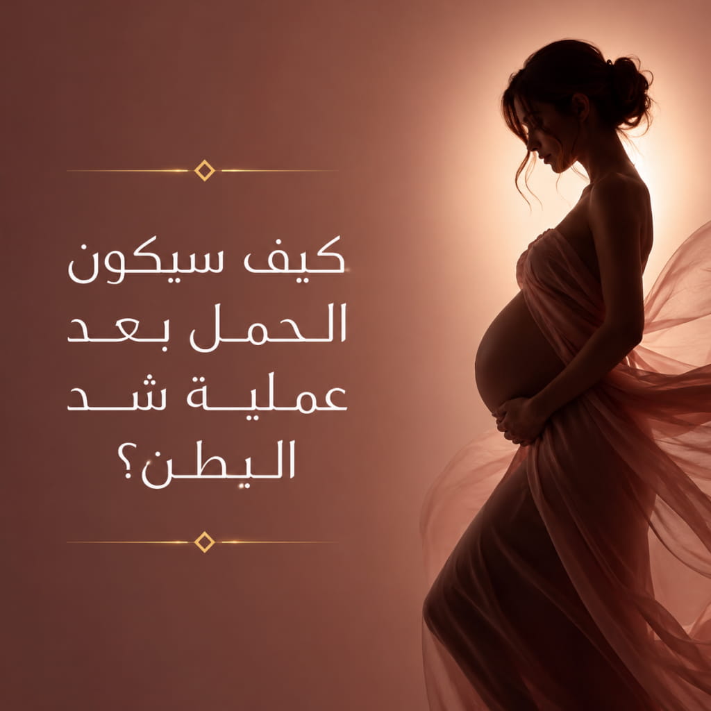 امرأة حامل تقف بملامح هادئة في صورة رمزية تناقش تأثير الحمل بعد عملية شد البطن والتغيرات المحتملة على نتائج الجراحة.