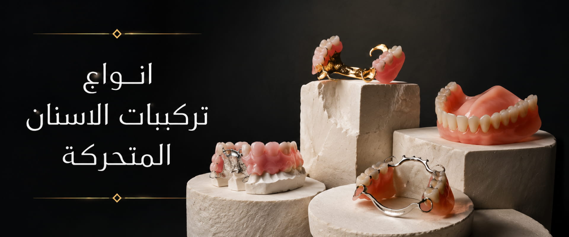 مجموعة من أطقم الأسنان المتحركة الجزئية والكاملة مع هياكل معدنية وأكريليكية معروضة للمقارنة بين أنواع التعويضات السنية المتحركة.