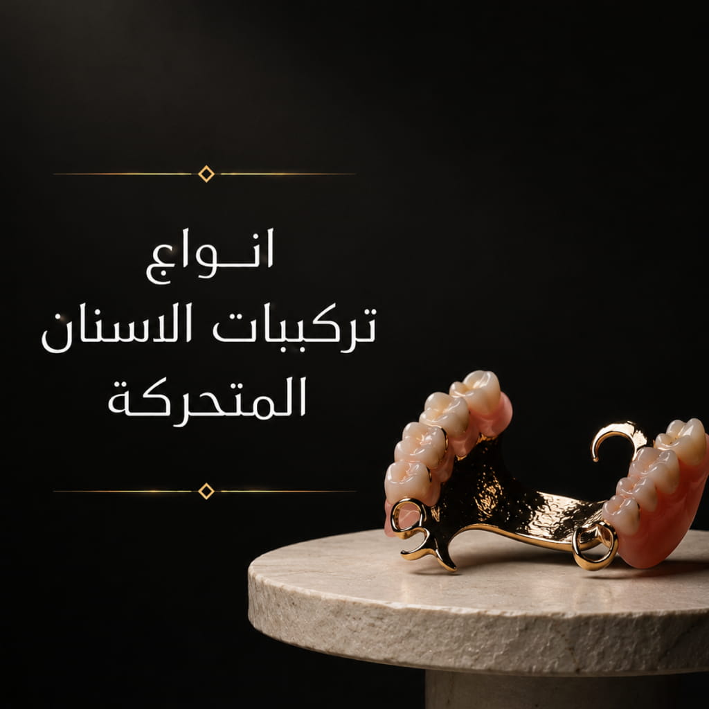 مجموعة من أطقم الأسنان المتحركة الجزئية والكاملة مع هياكل معدنية وأكريليكية معروضة للمقارنة بين أنواع التعويضات السنية المتحركة.