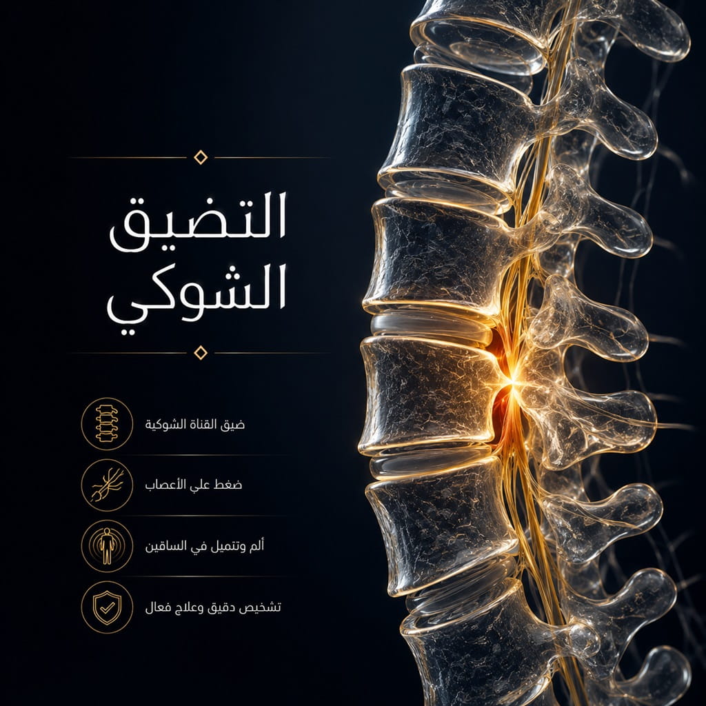 تصميم يوضح علاج التضيق الشوكي وتخفيف ضغط الأعصاب في العمود الفقري باستخدام تقنيات طبية حديثة.