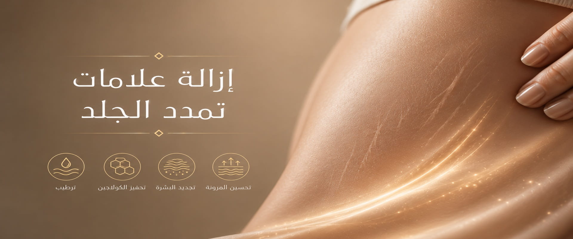 تصميم يشرح إزالة علامات تمدد الجلد وتحسين مرونة البشرة باستخدام تقنيات تجميلية حديثة وغير جراحية.