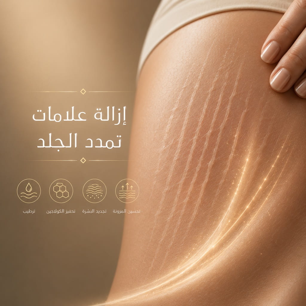 تصميم يشرح إزالة علامات تمدد الجلد وتحسين مرونة البشرة باستخدام تقنيات تجميلية حديثة وغير جراحية.
