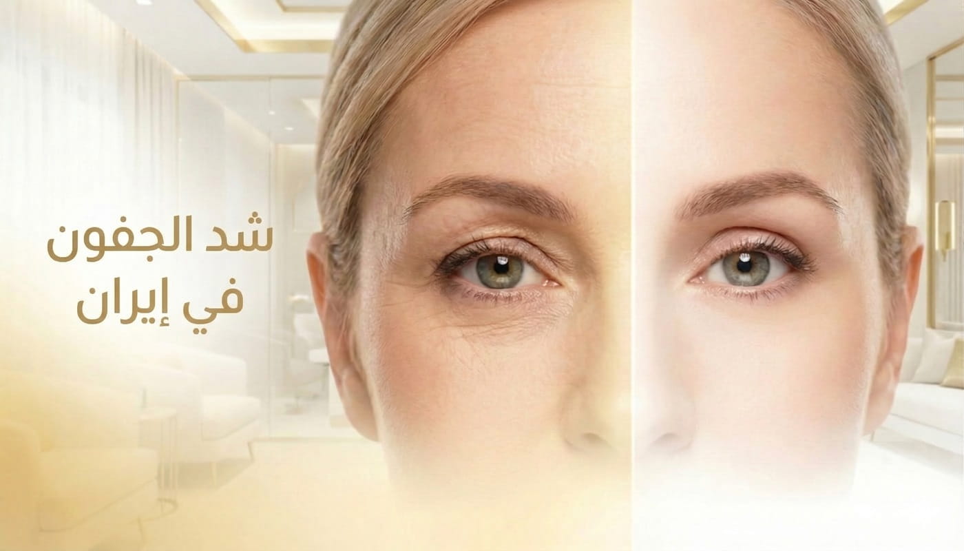 بنر إعلاني لعملية شد الجفون في إيران يظهر جمال العيون بعد التجميل.
