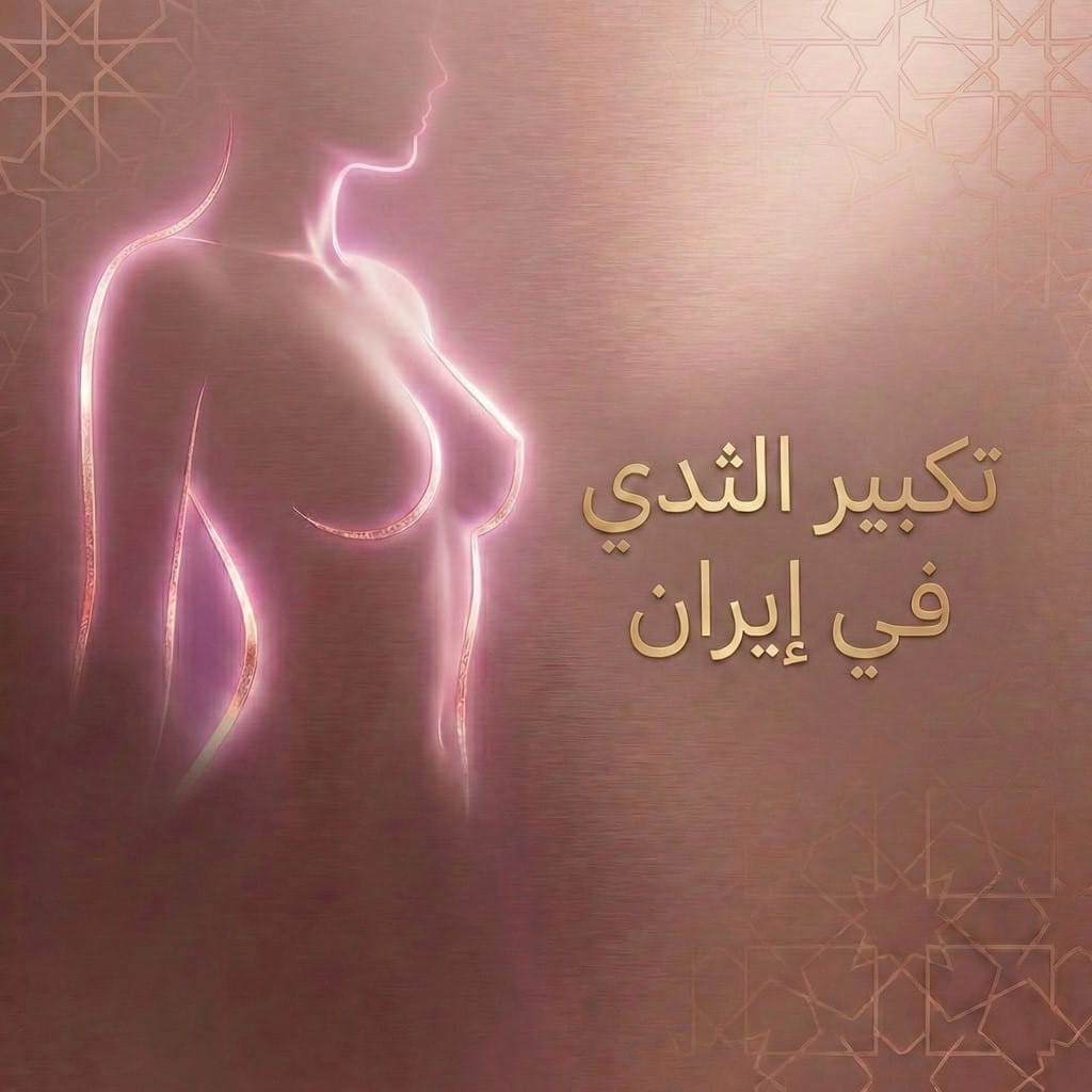 تصویر بصری فني يُظهر القوام الأنثوي المثالي بعد عملية تكبير الثدي في إيران مع نقش زخرفي عربي.