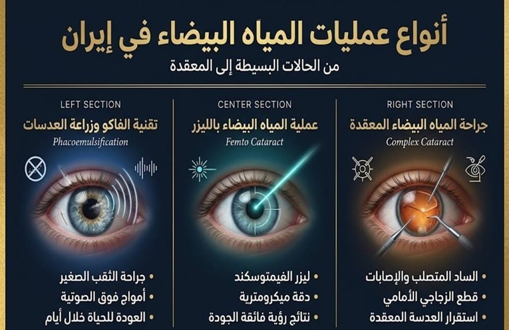 إنفوجرافيك يشرح أنواع عمليات المياه البيضاء في إيران بما في ذلك تقنيات الفاكو والفيمتو ليزر مع سريتامد.