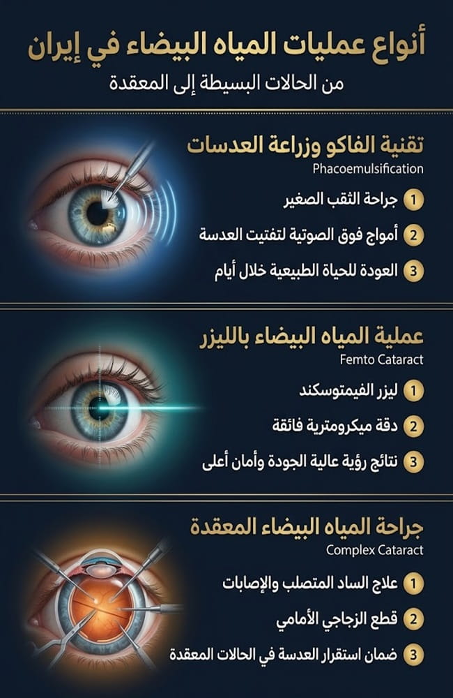 إنفوجرافيك يشرح أنواع عمليات المياه البيضاء في إيران بما في ذلك تقنيات الفاكو والفيمتو ليزر مع سريتامد.