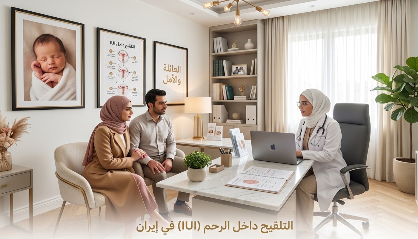 مخطط طبي يوضح عملية التلقيح داخل الرحم (IUI) لزيادة فرص الإخصاب وعلاج تأخر الحمل في إيران.