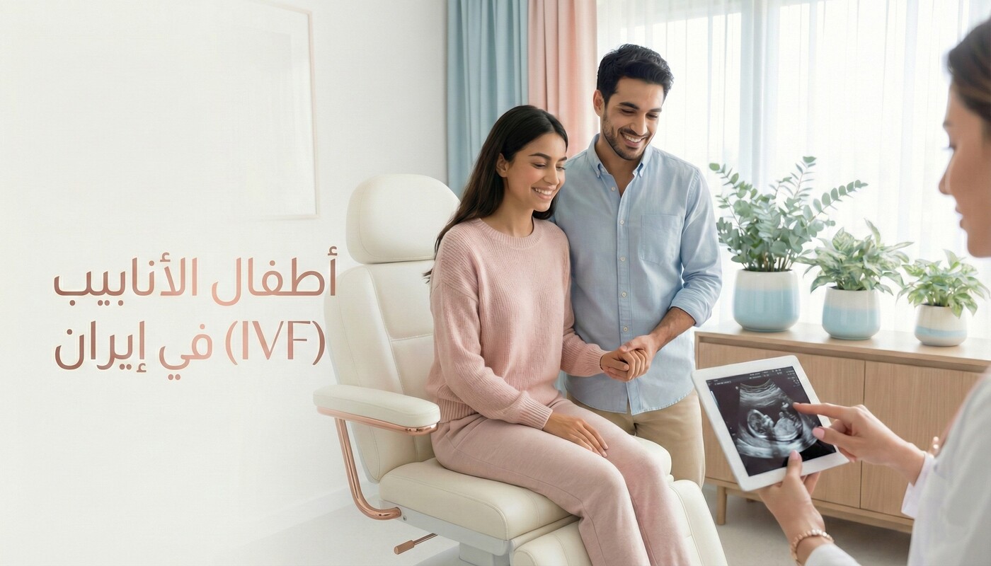 زوجان سعيدان في عيادة خصوبة في إيران يشاهدان نتائج الأشعة مع طبيبة متخصصة.