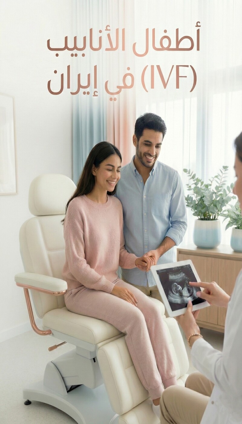 زوجان سعيدان في عيادة خصوبة في إيران يشاهدان نتائج الأشعة مع طبيبة متخصصة.