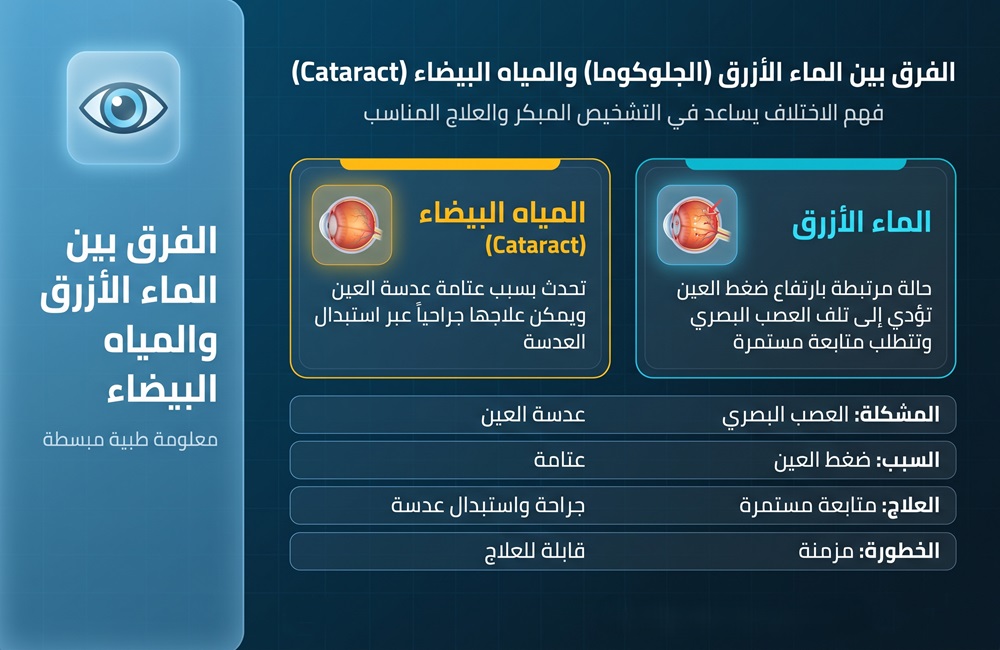 مخطط إنفوجرافيك يقارن بين حالات الماء الأزرق (الجلوكوما) والمياه البيضاء (Cataract) من حيث المشكلة والسبب والعلاج.