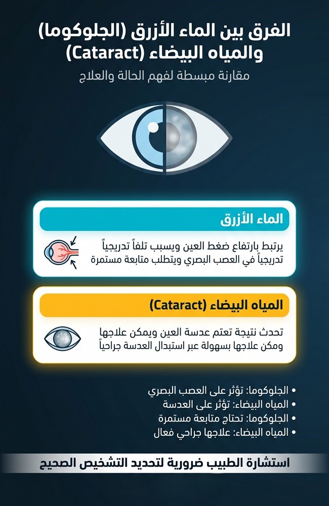 مخطط إنفوجرافيك يقارن بين حالات الماء الأزرق (الجلوكوما) والمياه البيضاء (Cataract) من حيث المشكلة والسبب والعلاج.