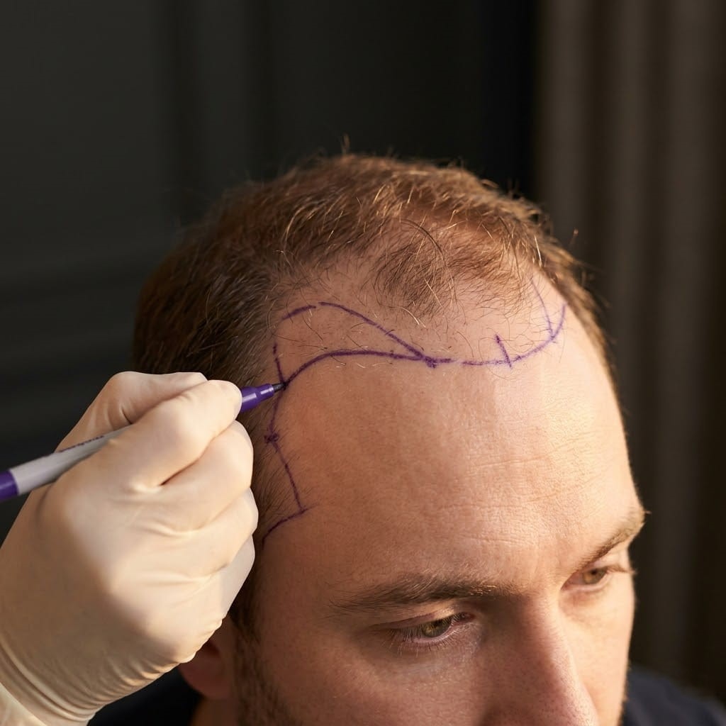 أخصائي يقوم برسم وتحديد خط الشعر الطبيعي قبل عملية زراعة الشعر في إيران مع سريتامد.