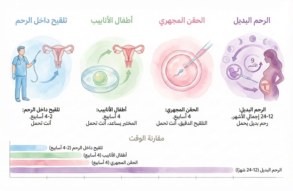 مقارنة بين طرق علاج العقم في إيران تشمل الحقن المجهري وأطفال الأنابيب والتلقيح داخل الرحم وتأجير الأرحام