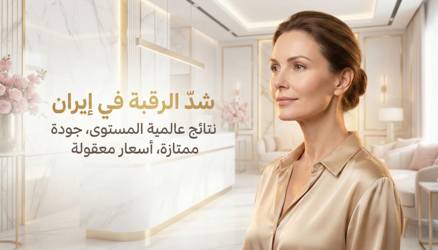 امرأة ذات عنق مشدود في عيادة تجميل راقية تمثل خدمة شد الرقبة في إيران مع سيريتاميد.