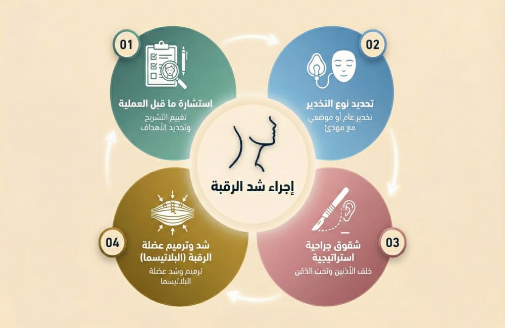 اینفوغرافیک یوضح مراحل عملیة شد الرقبة في إيران: الاستشارة، التخدیر، الشقوق الجراحیة، وشد عضلة البلاتیسما مع سیریتامید.