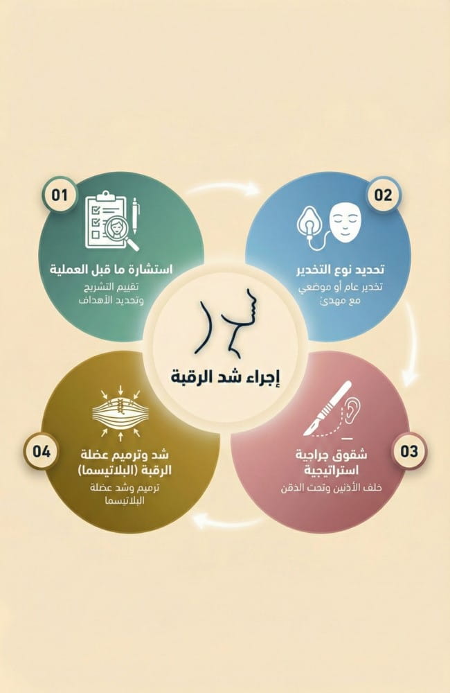 اینفوغرافیک یوضح مراحل عملیة شد الرقبة في إيران: الاستشارة، التخدیر، الشقوق الجراحیة، وشد عضلة البلاتیسما مع سیریتامید.