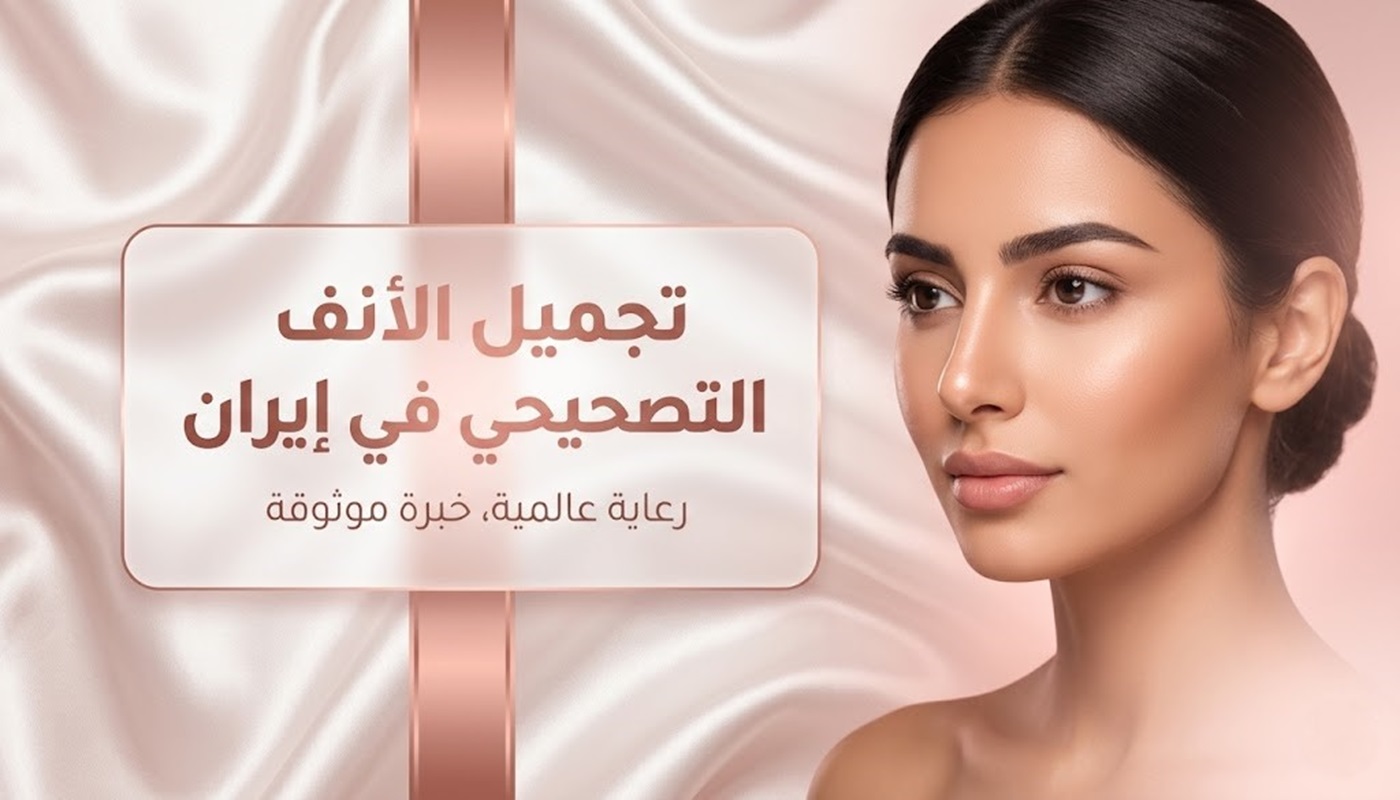 امرأة ذات ملامح مثالية بعد عملية تجميل الأنف التصحيحي في إيران مع خلفية حريرية وردية.