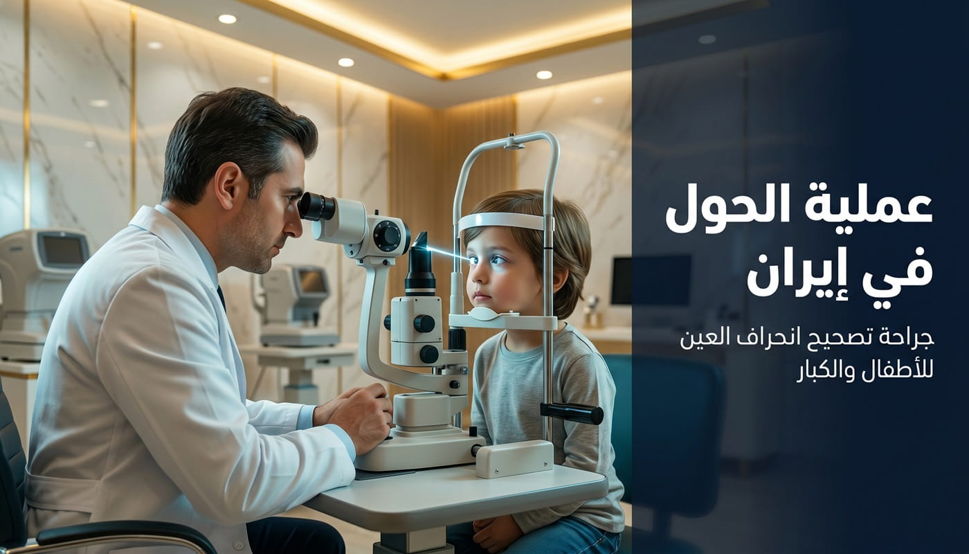 طبيب عيون يقوم بفحص عين طفل باستخدام أجهزة متطورة قبل عملية الحول في إيران لدى سريتامد.