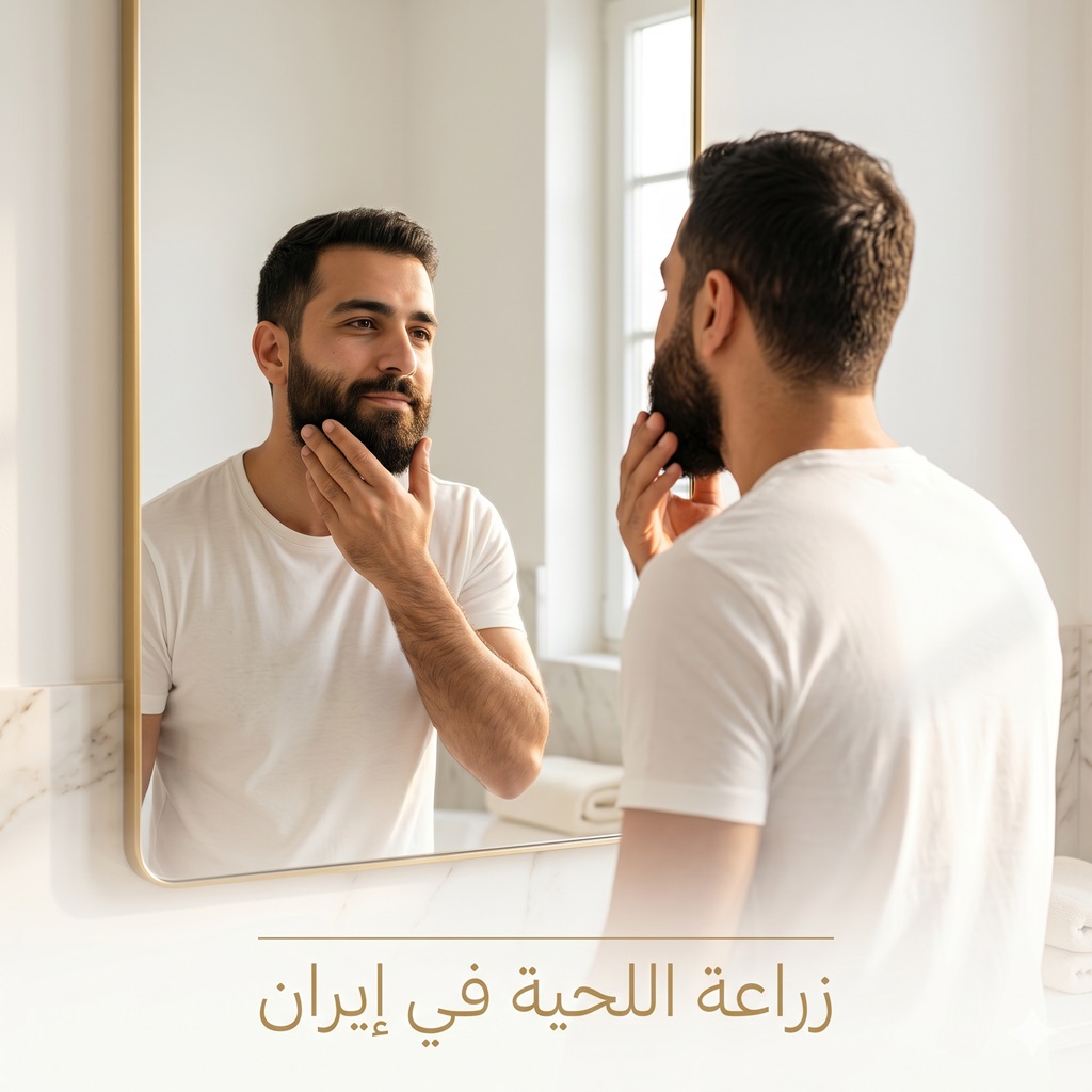 رجل يفحص كثافة لحيته الطبيعية بعد إجراء زراعة اللحية في إيران بنجاح لدى Ceritamed