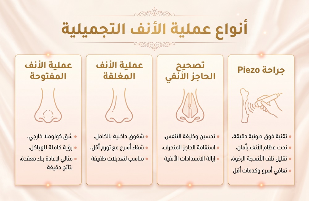 إنفوجرافيك يشرح أنواع جراحة تجميل الأنف في إيران وتقنيات تصحيح الأنف الحديثة