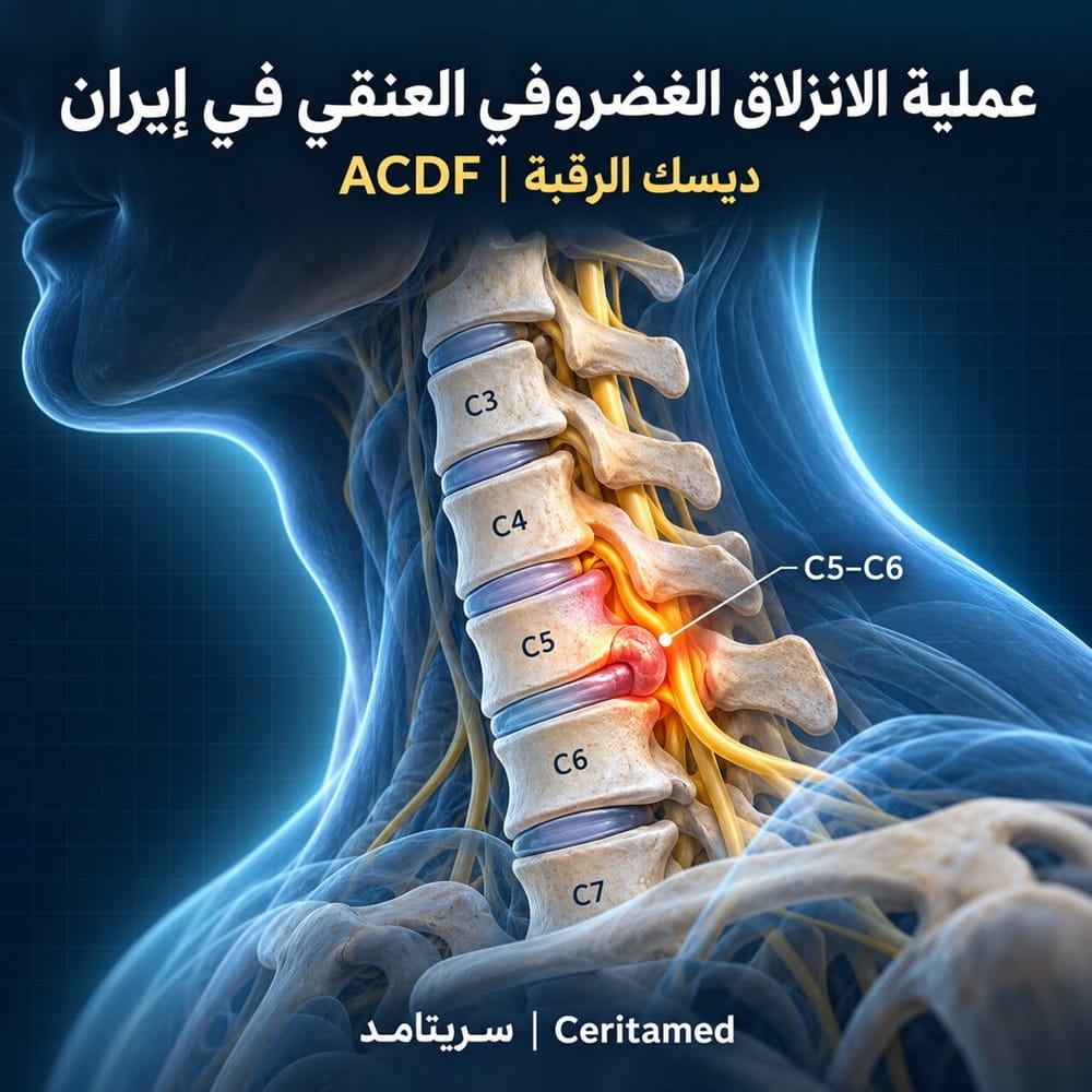 رسم توضيحي للفقرات العنقية يوضح عملية الانزلاق الغضروفي العنقي في إيران عند المستوى C5–C6
