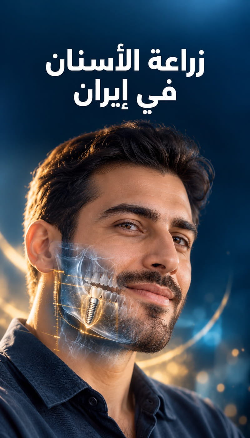 هدر عمودي عن زراعة الأسنان في إيران يظهر رجلاً مع تصوير رقمي للفك وغرسة أسنان حديثة من التيتانيوم.