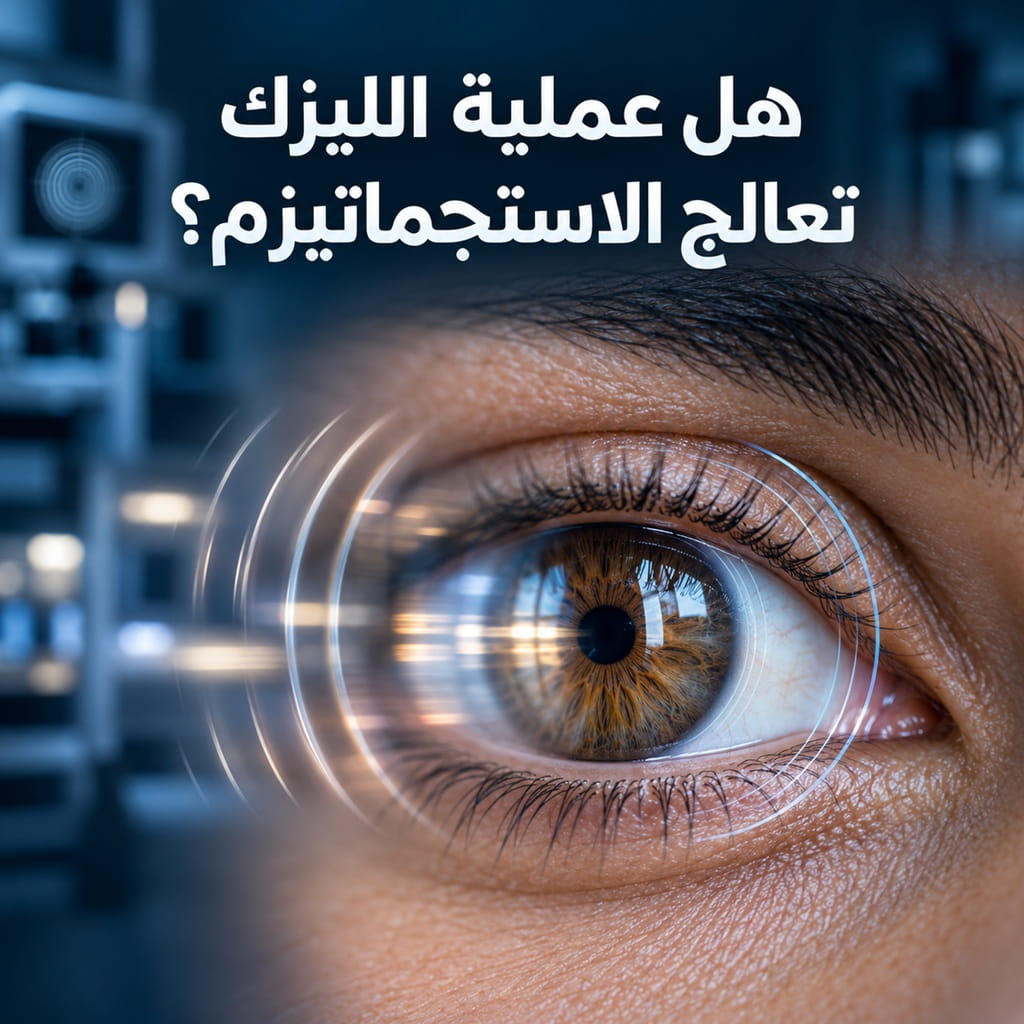 صورة مقربة لعين بنية مع حلقات ضوئية توضيحية وعنوان هل عملية الليزك تعالج الاستجماتيزم؟