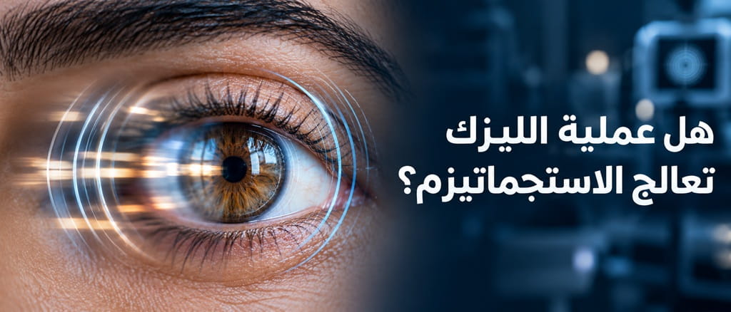 صورة هدر لعين بنية مع تأثيرات بصرية توضيحية وعنوان هل عملية الليزك تعالج الاستجماتيزم؟