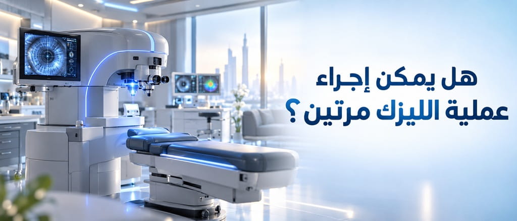 غرفة حديثة لجراحة العيون مزودة بجهاز ليزر متطور مع عنوان هل يمكن إجراء عملية الليزك مرتين؟