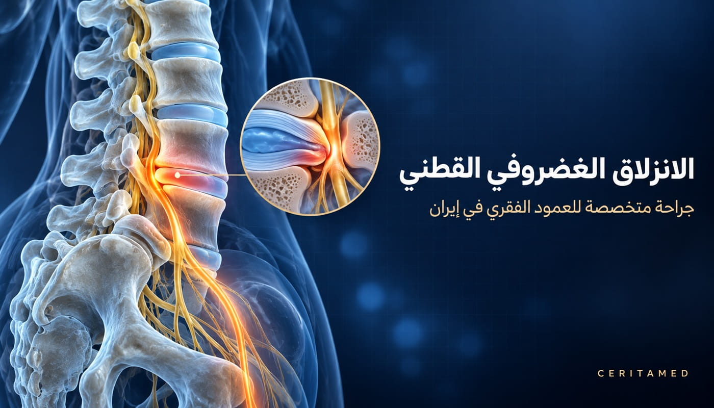 رسم تشريحي للعمود الفقري القطني يوضح الانزلاق الغضروفي القطني وجراحة العمود الفقري المتخصصة في إيران