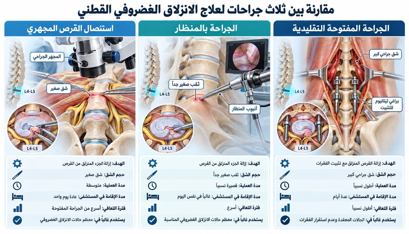 مقارنة بين الجراحة المفتوحة والجراحة بالمنظار واستئصال القرص المجهري لعلاج الانزلاق الغضروفي القطني في إيران