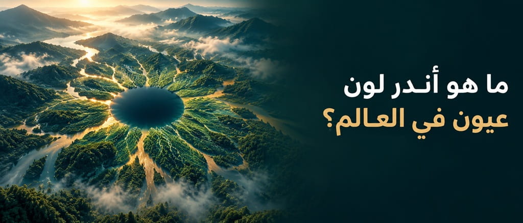 مشهد جوي لوادٍ أخضر يتخذ شكل قزحية عين مع عنوان ما هو أندر لون عيون في العالم؟