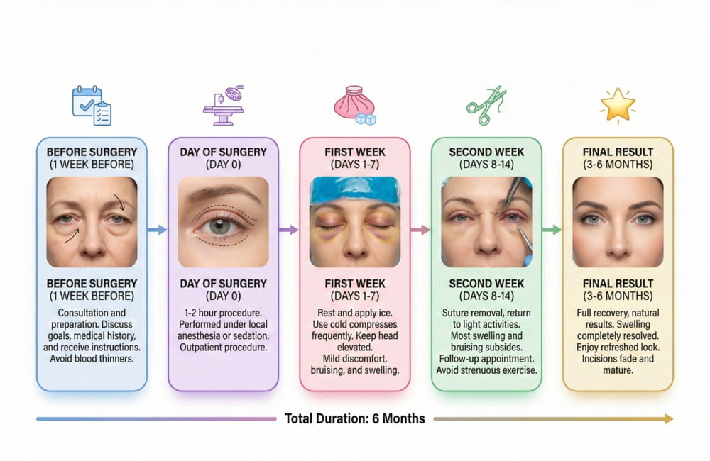 Blepharoplasty in Iran recovery timeline infographic showing eyelid surgery stages from consultation to final results at Ceritamed