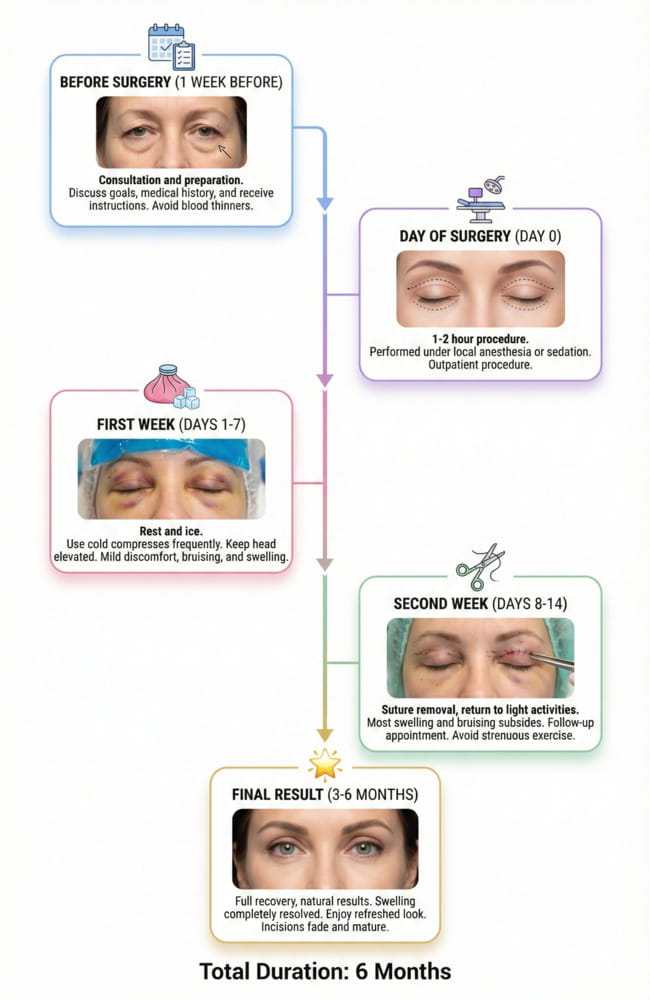 Blepharoplasty in Iran recovery timeline infographic showing eyelid surgery stages from consultation to final results at Ceritamed