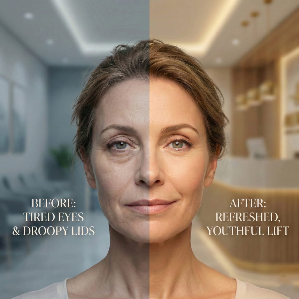 Before and after blepharoplasty in Iran showing correction of droopy eyelids and youthful eye lift result at Ceritamed